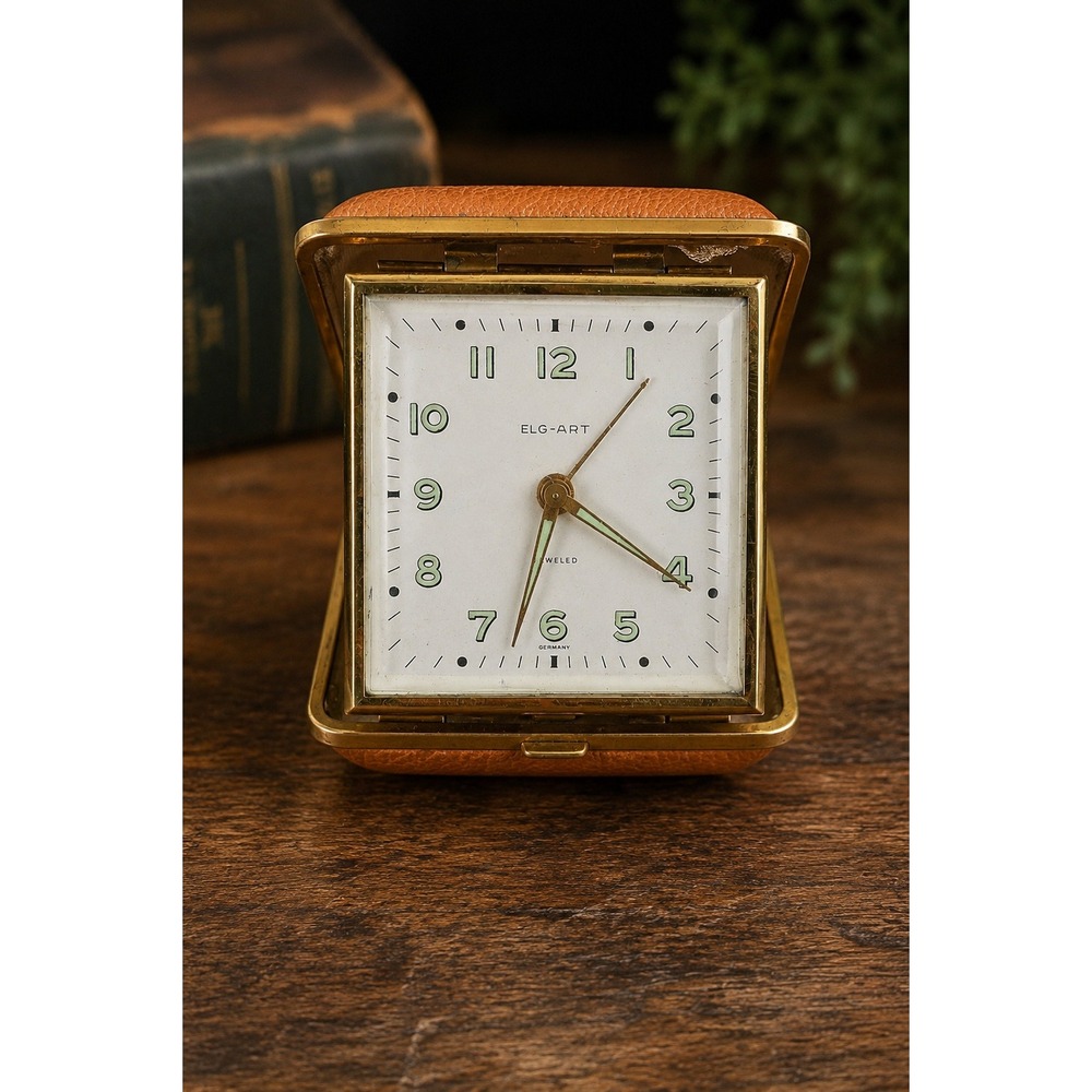 Vintage ELG-ART German Travel Alarm Clock Luminous Dial Jeweled Folding Case